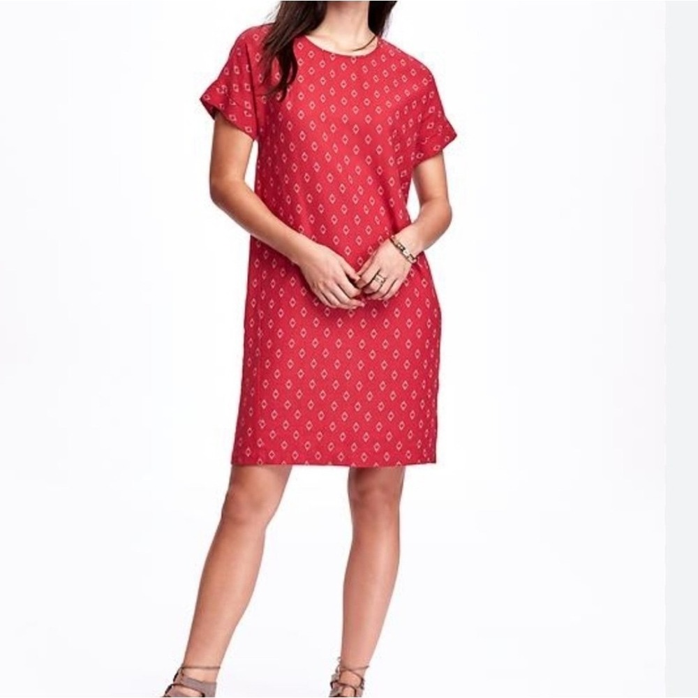 Old Navy Linen Blend Shift Cocoon Dress Size Small Petite Red Diamond Printed